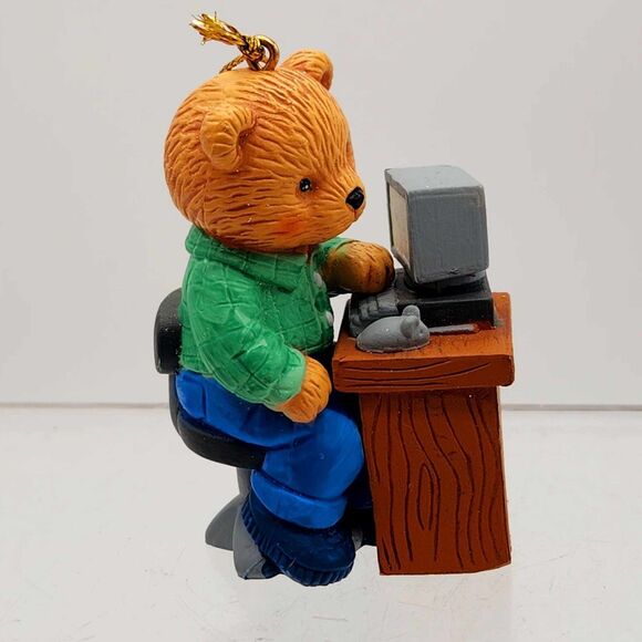Vintage Teddy Bear w/ Computer at Desk Christmas Ornament Tech Guy Gift 1990s - Picture 4 of 7